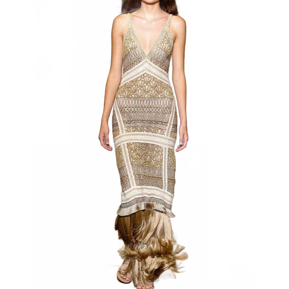 NEW PATBO wood beaded fringe maxi dress in natural - Picture 2 of 3
